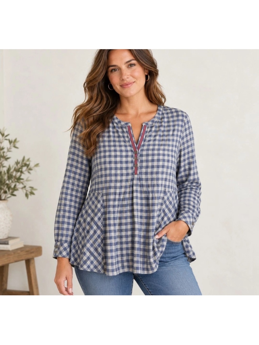 J Jill Tunic Top Women’s MP Blue Gray Check Flannel Peplum Long Sleeve